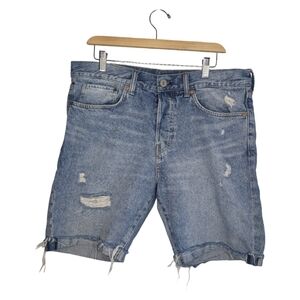 &Denim Distressed Button Fly Denim Shorts Raw Hem Straight Fit | Size 34
